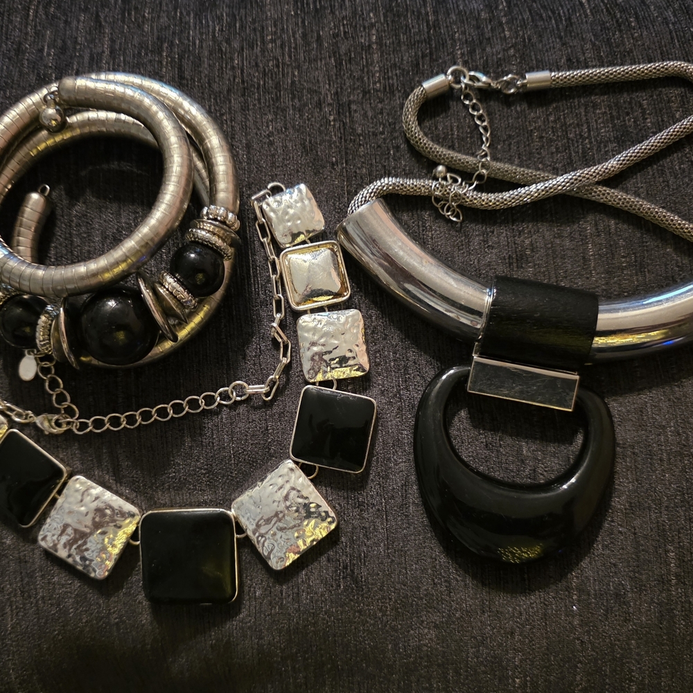 Black and Silver Statement Jewelry Set - Women's Necklace and Bracelet